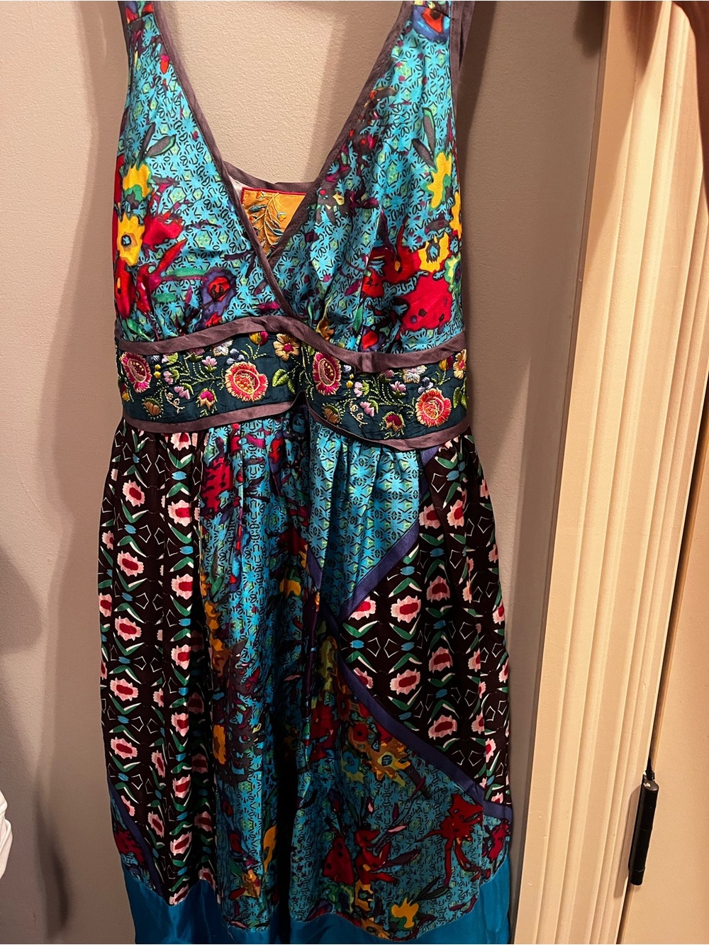 Johnny Was Silk Vibrant Floral Patchwork Sundress in Teal & Multi - Picture 13 of 16